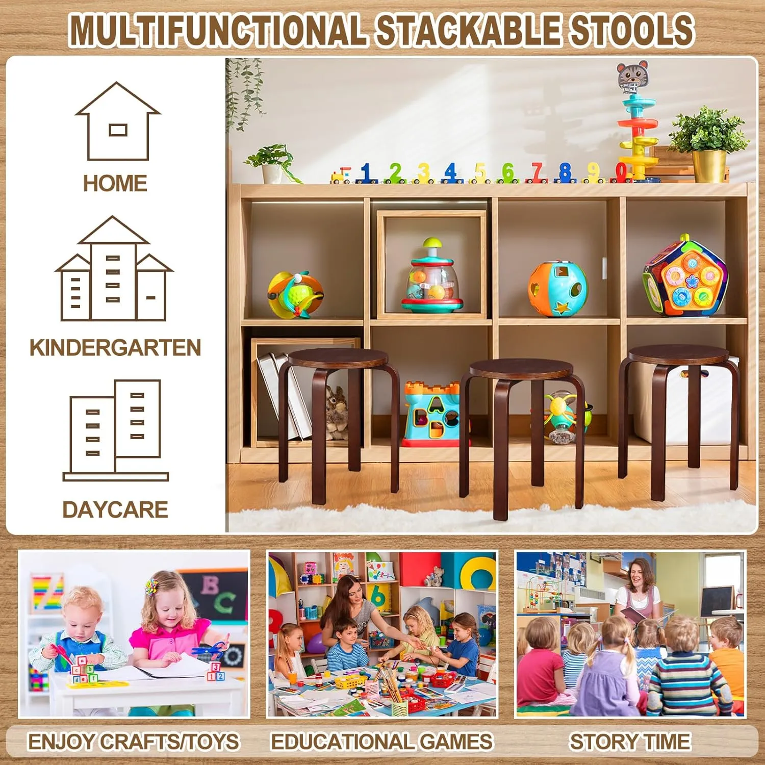 4 Pcs Bentwood Stool Bentwood Stackable Stools Wood Stools Stackable Stool Chairs Bentwood Seat for Dinning, Kitchen, Home, Garden, Living Classroom