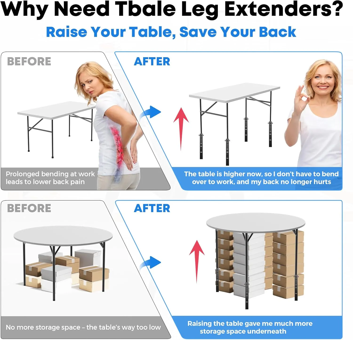 4 Pcs Folding Table Risers for Table Legs, Folding Table Leg Extenders, 5 Levels Adjustable Height Extensions Rise Table Straight/Bent Legs 4.8｜6.7｜8.7｜10.8｜14.2in for Treating Your Back Pain