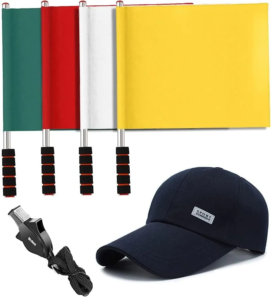 4 Pcs Referee Football Soccer Flag Stainless Steel Command Hand Flag Signal Flags Athletic Competition Flag Track and Field Sports Training Flag with Baseball Hat and Referee Whistle