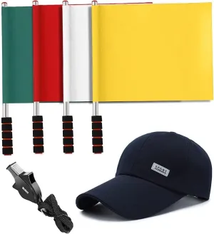 4 Pcs Referee Football Soccer Flag Stainless Steel Command Hand Flag Signal Flags Athletic Competition Flag Track and Field Sports Training Flag with Baseball Hat and Referee Whistle