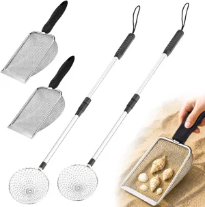 4 Pcs Shelling Tools for Beach Shark Tooth Sifter Sand Sifter with Long Adjustable Handle Beach Mesh Shovel Shell Scooper for Beach Sand Scoop Shovel for Picking Up Shells for Adults Boys Girls