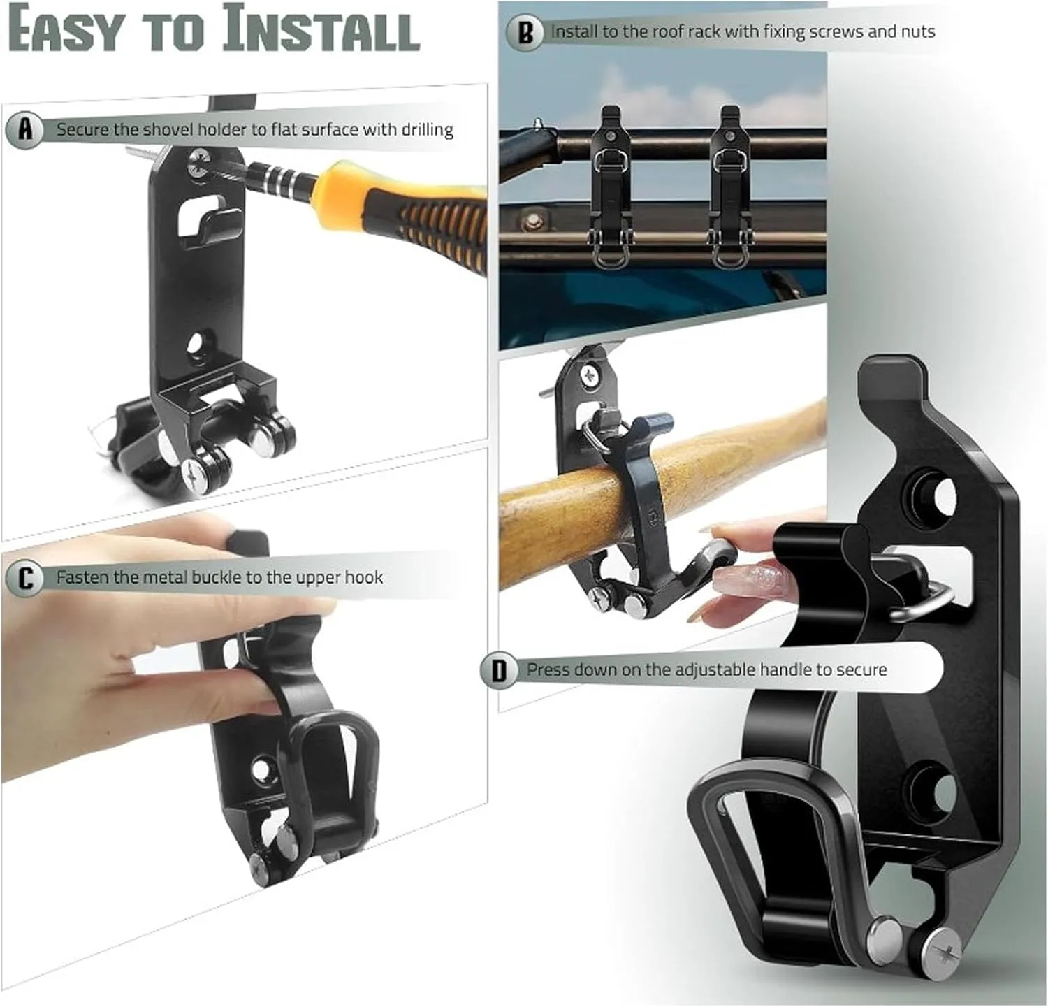 4 Sets Shovel Mount for Roof Rack, Roof Rack Shovel Mount, Heavy Duty Multipurpose Shovel Holder Clamp, Metal Rubber Clamp Mounting Bracket for Roof Rack Boats Tool (Black)
