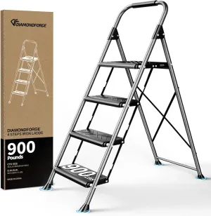 4 Step Ladder,DIAMONDFORGE Folding Step Stool with Anti-Slip Wide Pedal, Soft Handle, Anti-Slip Feet, Sturdiest Steel Construction, 900lbs Capacity Steel Ladder for Home and Office, Grey