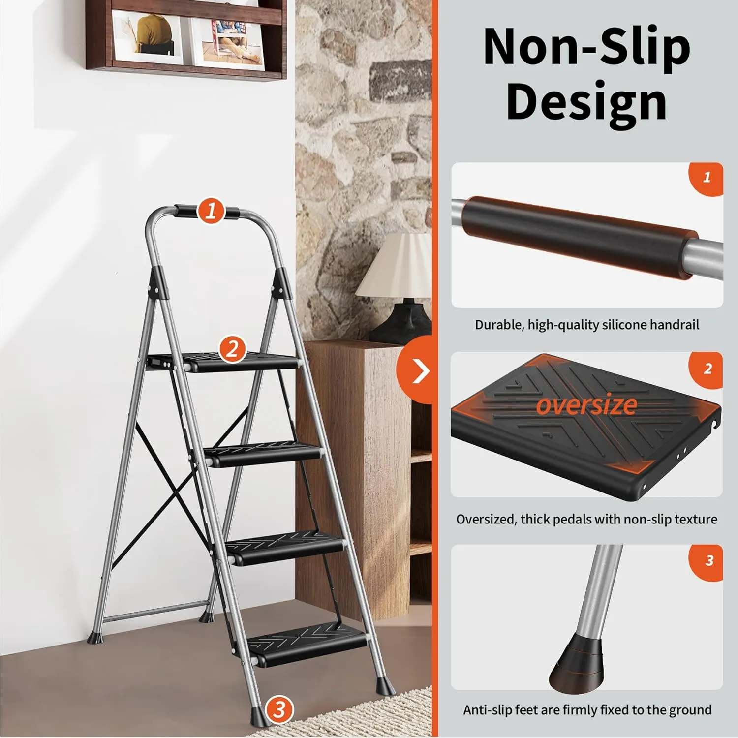 4 Step Ladder,DIAMONDFORGE Folding Step Stool with Anti-Slip Wide Pedal, Soft Handle, Anti-Slip Feet, Sturdiest Steel Construction, 900lbs Capacity Steel Ladder for Home and Office, Grey