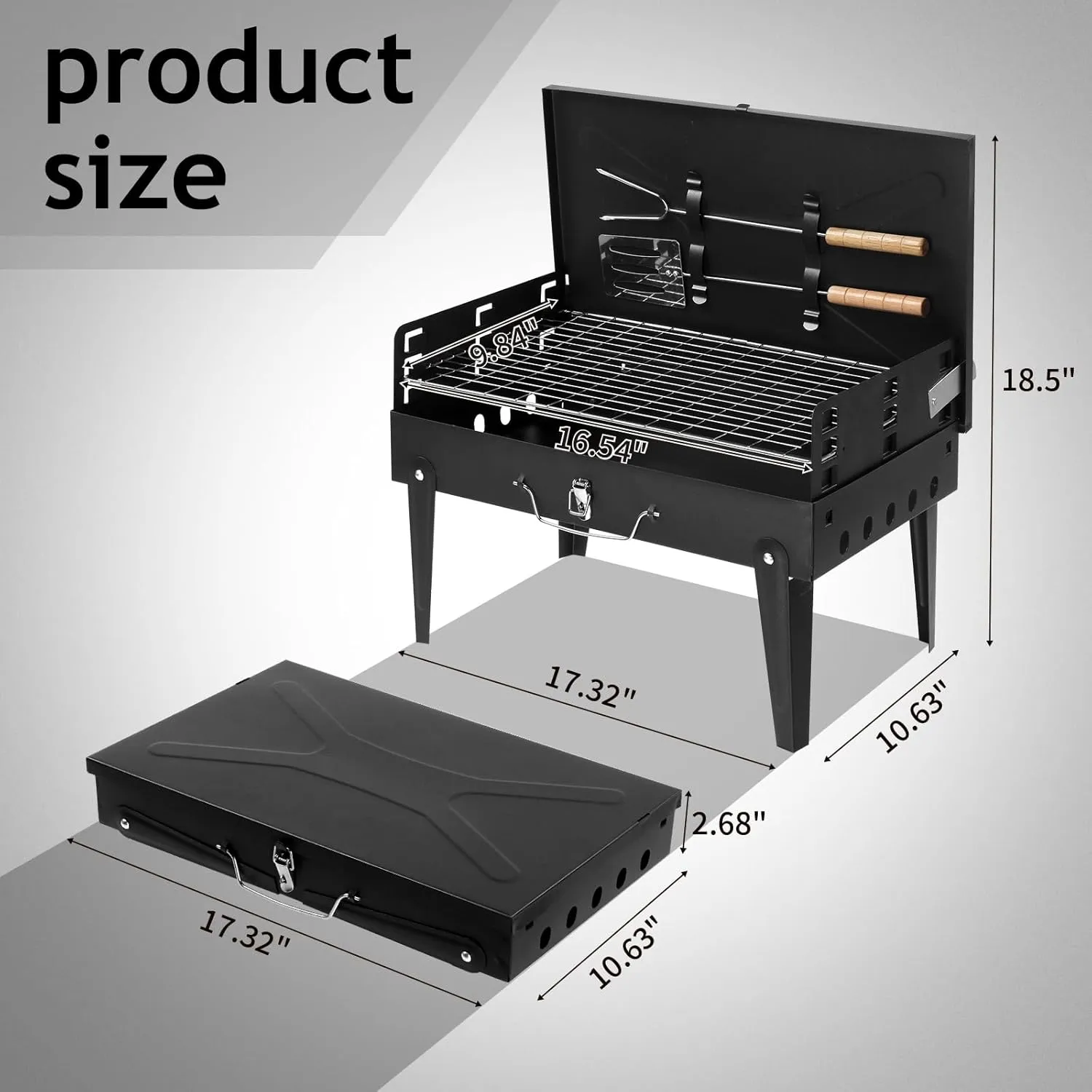 44 * 27 * 7cm Portable Square Charcoal Grill Black, Height Adjustable Foldable BBQ Grill with Lid & Accessories Kit for Outdoor Cooking, Camping, Picnics, Travel (3-5 People)
