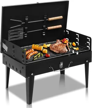 44 * 27 * 7cm Portable Square Charcoal Grill Black, Height Adjustable Foldable BBQ Grill with Lid & Accessories Kit for Outdoor Cooking, Camping, Picnics, Travel (3-5 People)