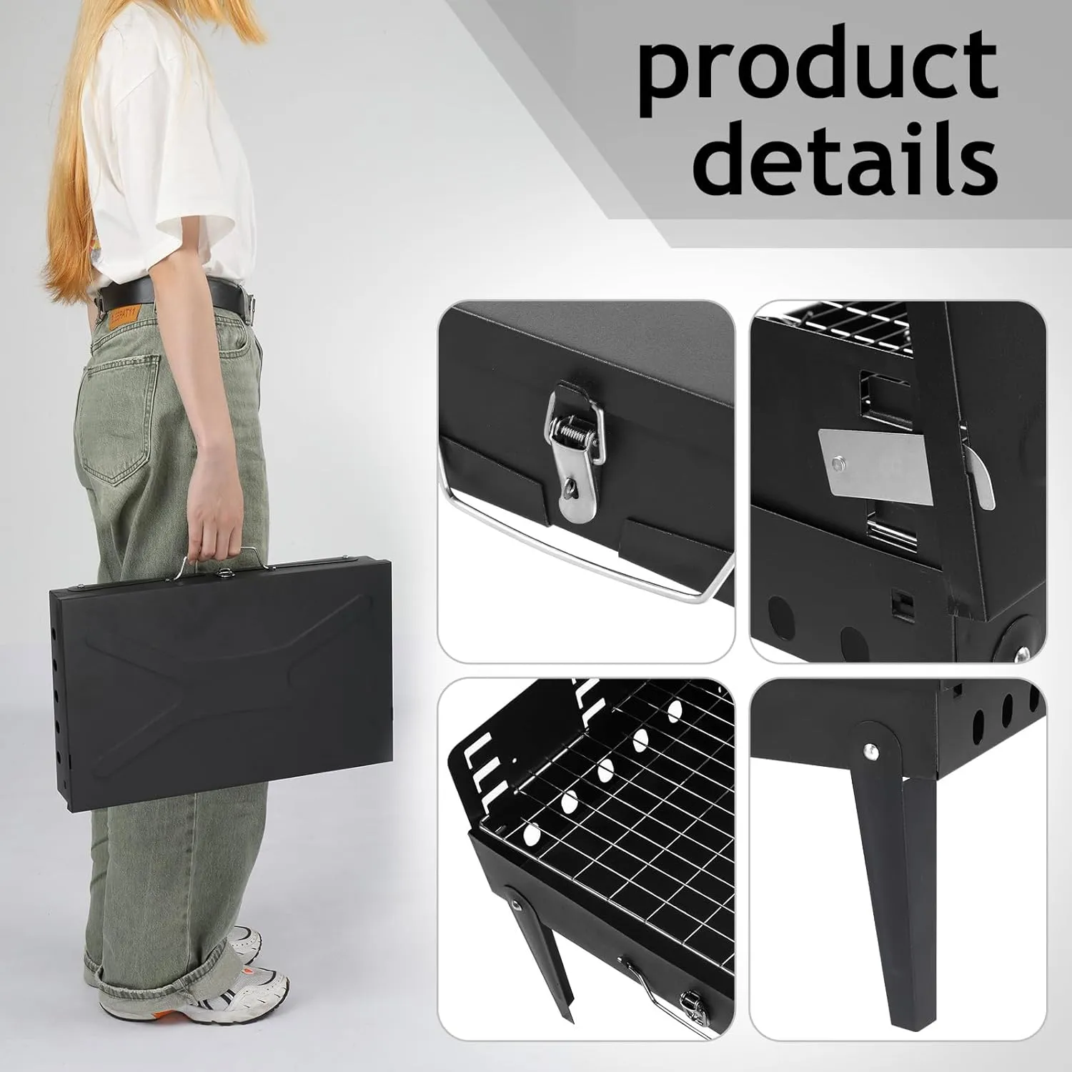44 * 27 * 7cm Portable Square Charcoal Grill Black, Height Adjustable Foldable BBQ Grill with Lid & Accessories Kit for Outdoor Cooking, Camping, Picnics, Travel (3-5 People)