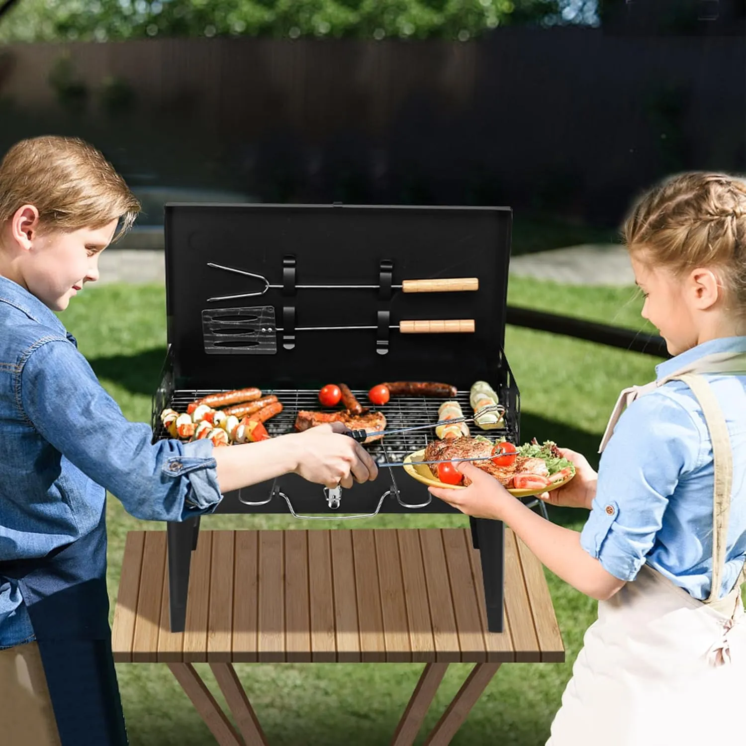 44 * 27 * 7cm Portable Square Charcoal Grill Black, Height Adjustable Foldable BBQ Grill with Lid & Accessories Kit for Outdoor Cooking, Camping, Picnics, Travel (3-5 People)