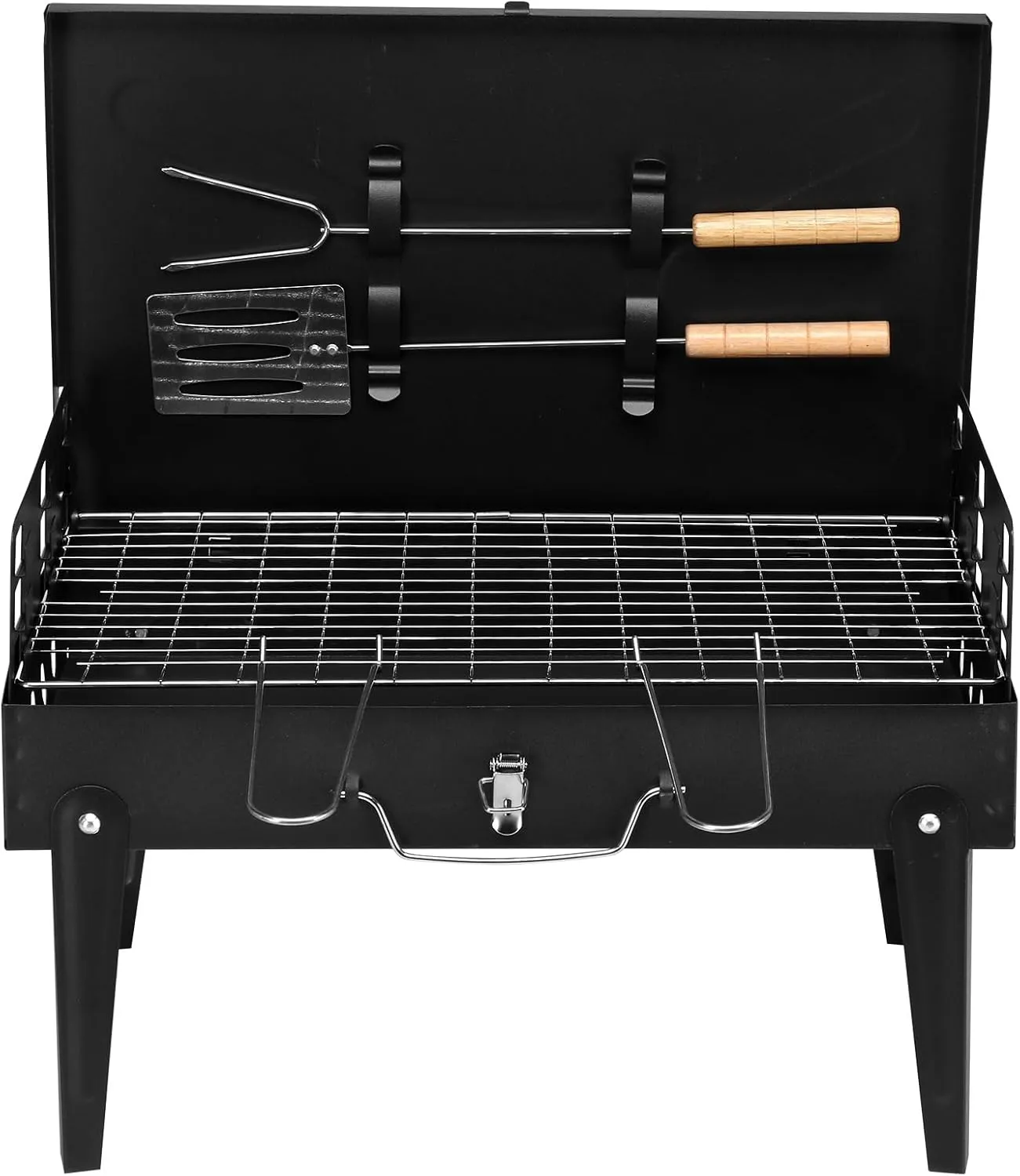 44 * 27 * 7cm Portable Square Charcoal Grill Black, Height Adjustable Foldable BBQ Grill with Lid & Accessories Kit for Outdoor Cooking, Camping, Picnics, Travel (3-5 People)