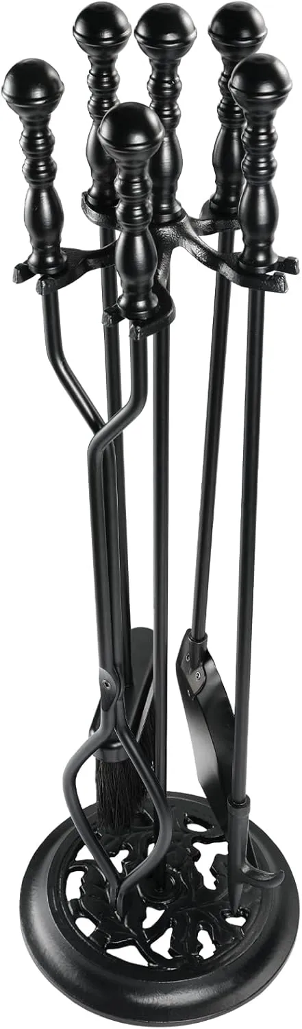 5 Pieces Fireplace Tools Sets Wrought Iron Firewood Kit with Handle Durable Tool Set and Holder for Fire Pit Stand Indoor Tong Shovel Poker Brush Firewood Accessories (Black)