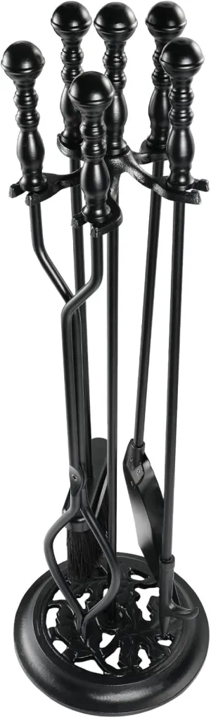 5 Pieces Fireplace Tools Sets Wrought Iron Firewood Kit with Handle Durable Tool Set and Holder for Fire Pit Stand Indoor Tong Shovel Poker Brush Firewood Accessories (Black)