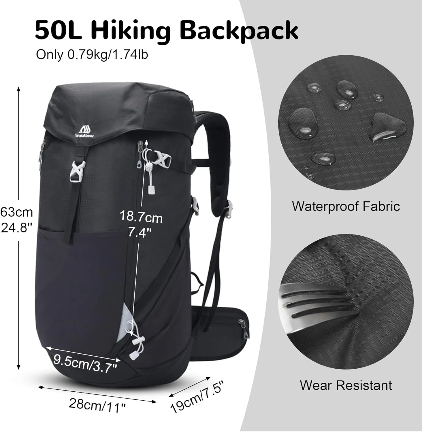 50L Backpacking Packs with Front Open, Waterproof Hiking Backpack for Men Women, Large Camping Backpack Lightweight, Black