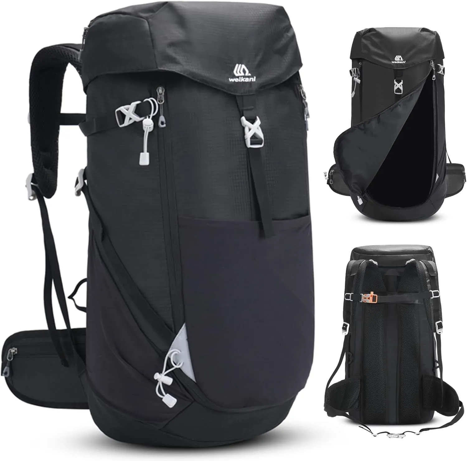 50L Backpacking Packs with Front Open, Waterproof Hiking Backpack for Men Women, Large Camping Backpack Lightweight, Black