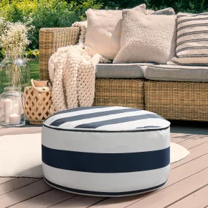510 Design Inflatable Ottoman Stool Portable Round Pouf, Handle, Inflatable Foot Rest, Weatherproof & Water Repellent Indoor/Outdoor Ottomans for Patio Garden, Camping, Pool, D21 x 9" H, Navy/White