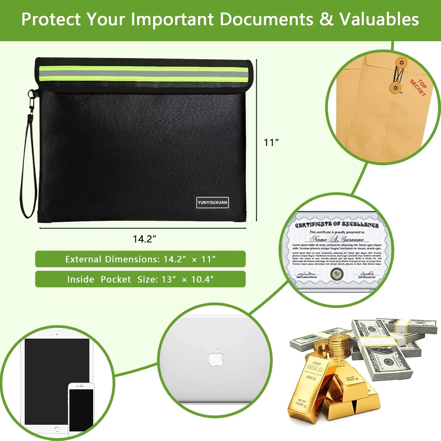 5200°F Fireproof Document Bag with Zipper (14.2"x11"), 8 Layers Fire Insulation, Fire & Water Resistant Storage Organizer Pouch for Cash, Important Papers and Valuables (Large)