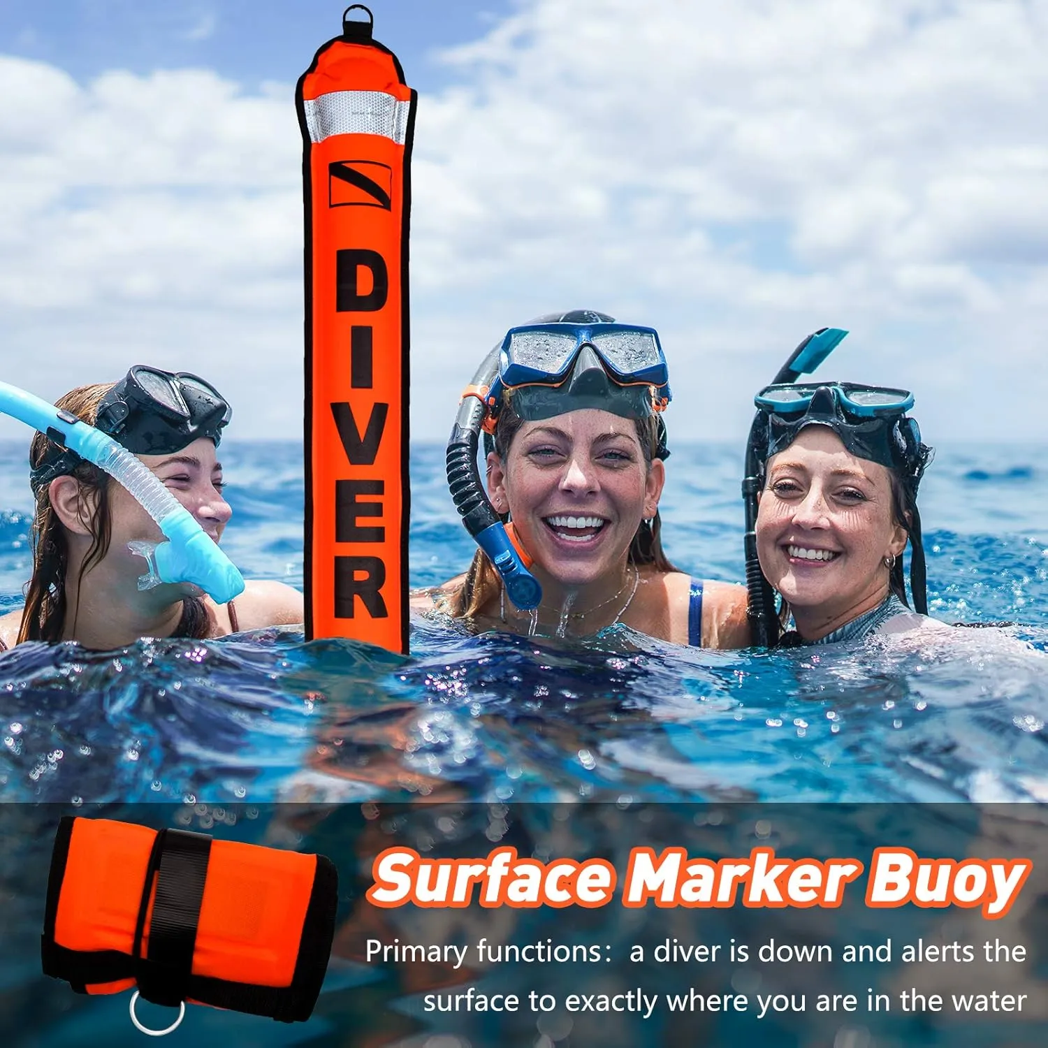 5ft Scuba Diving Surface Marker Buoy (SMB), Safety Sausage with Plastic 98ft Finger Spool Reel and Double Ended Hook Clip   Emergency Whistle for Underwater Diving