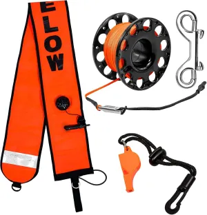 5ft Scuba Diving Surface Marker Buoy (SMB), Safety Sausage with Plastic 98ft Finger Spool Reel and Double Ended Hook Clip   Emergency Whistle for Underwater Diving