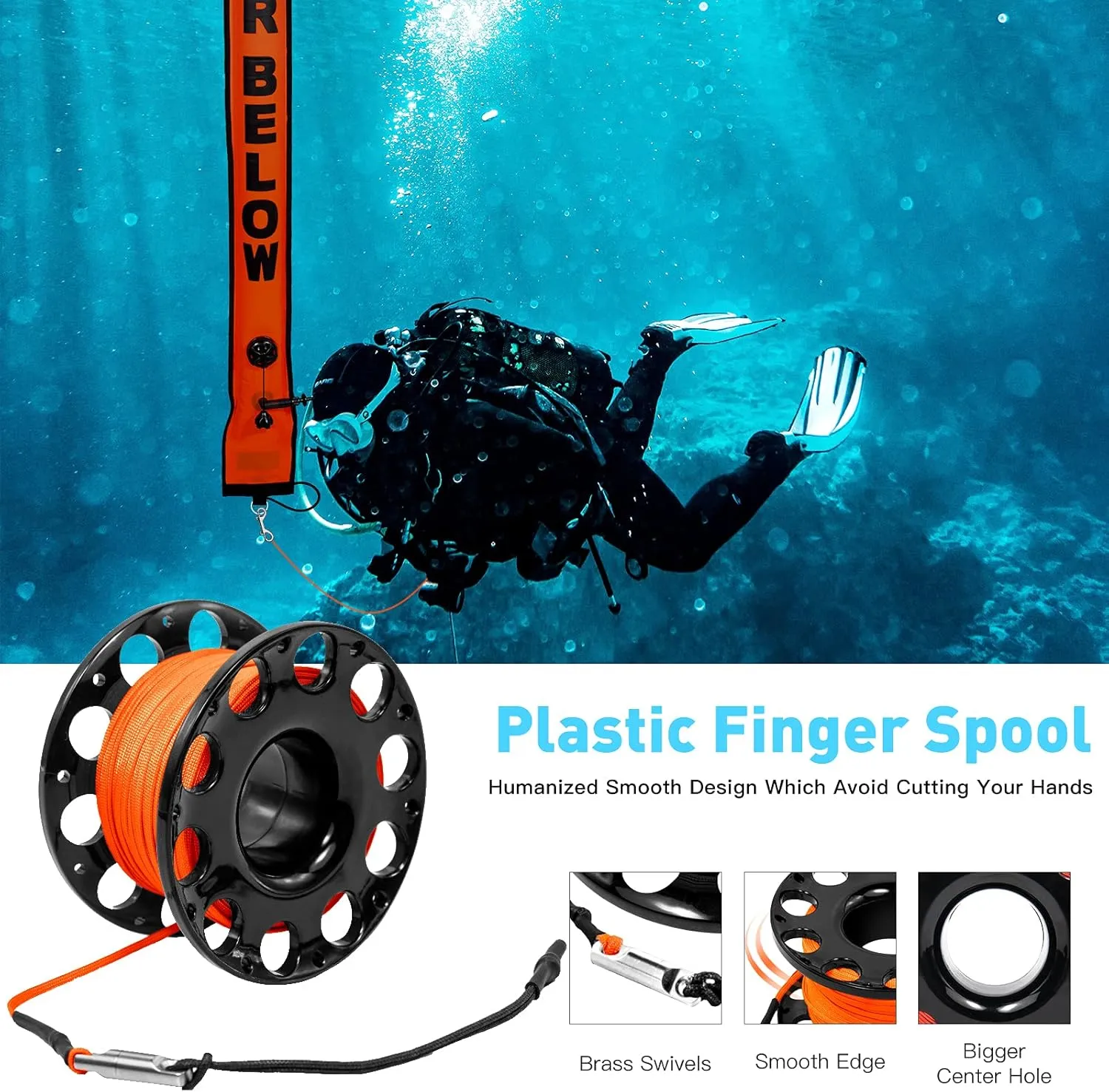 5ft Scuba Diving Surface Marker Buoy (SMB), Safety Sausage with Plastic 98ft Finger Spool Reel and Double Ended Hook Clip   Emergency Whistle for Underwater Diving