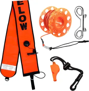 5ft Scuba Diving Surface Marker Buoy (SMB), Safety Sausage with Plastic 98ft Finger Spool Reel and Double Ended Hook Clip   Emergency Whistle for Underwater Diving