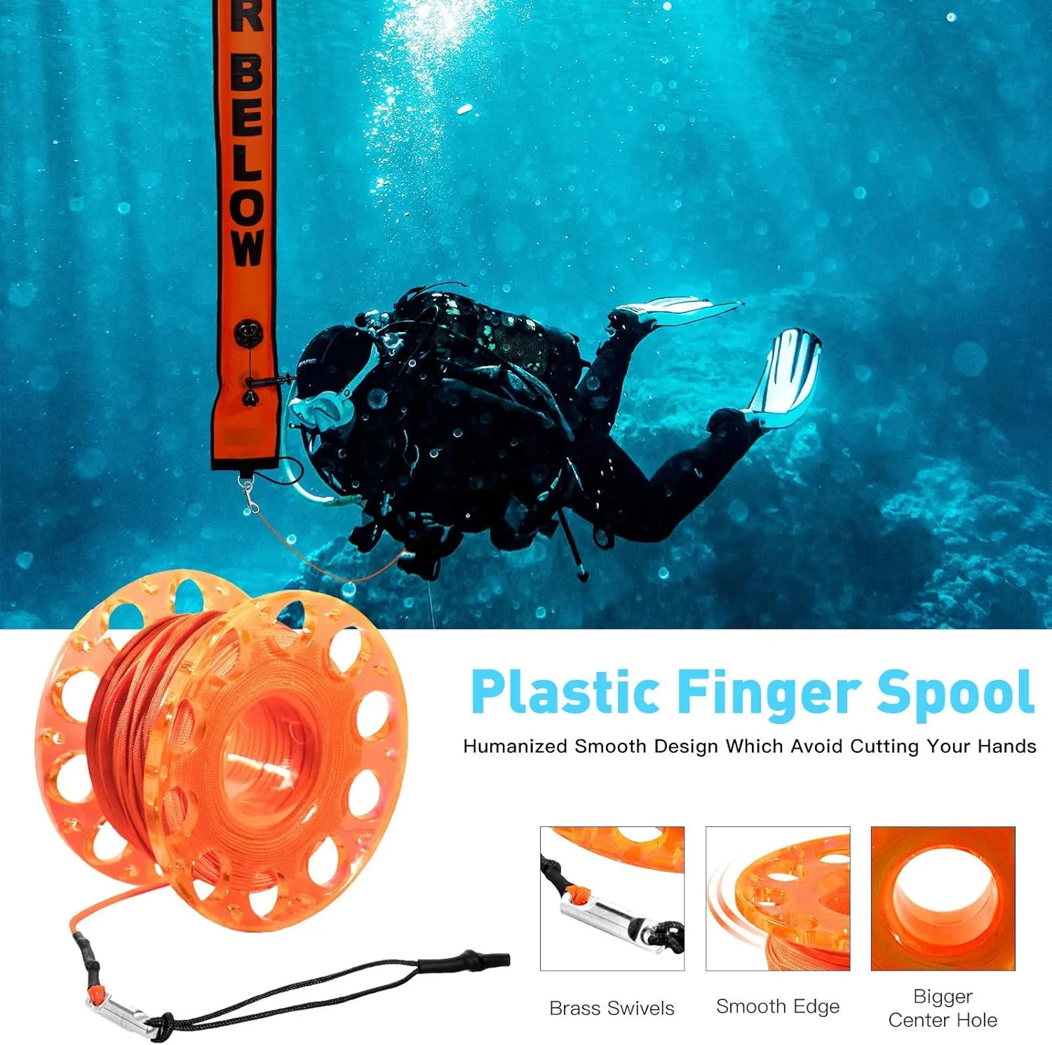 5ft Scuba Diving Surface Marker Buoy (SMB), Safety Sausage with Plastic 98ft Finger Spool Reel and Double Ended Hook Clip   Emergency Whistle for Underwater Diving