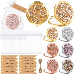 6 Sets Small Compact Mirror Round Pocket Makeup Mirror with Thank You Tags, Twine, Organza Bags Magnifying Rhinestone Cosmetic Mirror for Purse Women Girls (Multi Colors)
