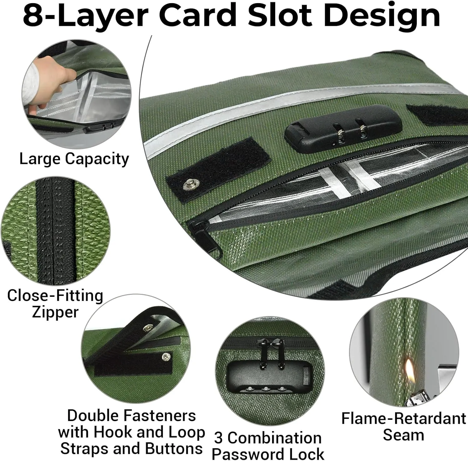 6200°F Fireproof Document Bag with Lock, 15x 11.8 Inch Fire Proof Bag for Documents Storage, Water Resistant Fire Proof Money Bags with Zipper, Fireproof Pouch Cash for Envelope Green