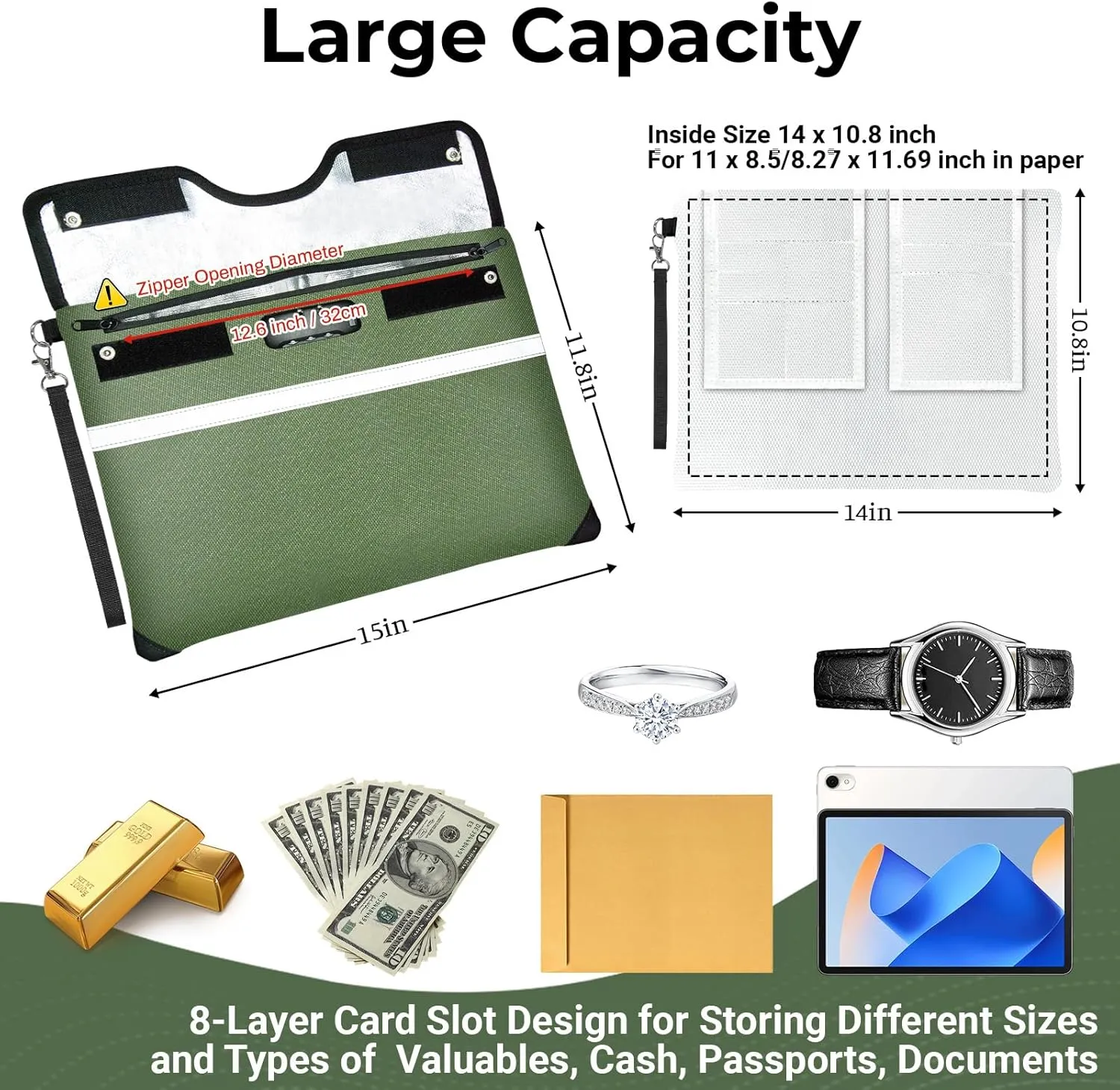 6200°F Fireproof Document Bag with Lock, 15x 11.8 Inch Fire Proof Bag for Documents Storage, Water Resistant Fire Proof Money Bags with Zipper, Fireproof Pouch Cash for Envelope Green