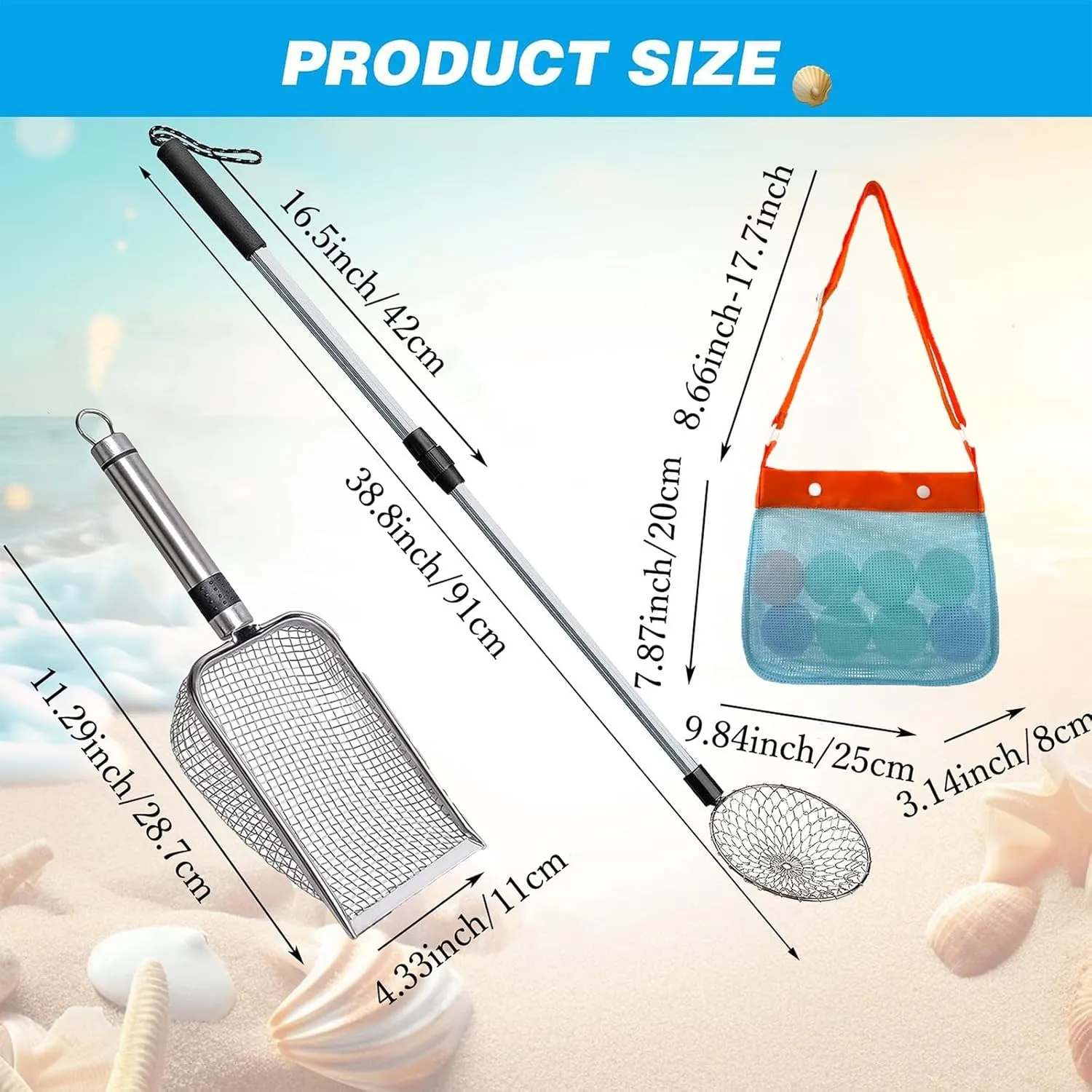 6Pcs Shelling Tools for Beach Include Beach Mesh Shovel, Sand Sifter with Extra Long Adjustable Handle and Mesh Beach Bag, Collecting Shells Beach Toys or Kids Girls Boys(6Pcs)