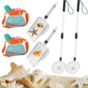 6Pcs Shelling Tools for Beach Include Beach Mesh Shovel, Sand Sifter with Extra Long Adjustable Handle and Mesh Beach Bag, Collecting Shells Beach Toys or Kids Girls Boys(6Pcs)
