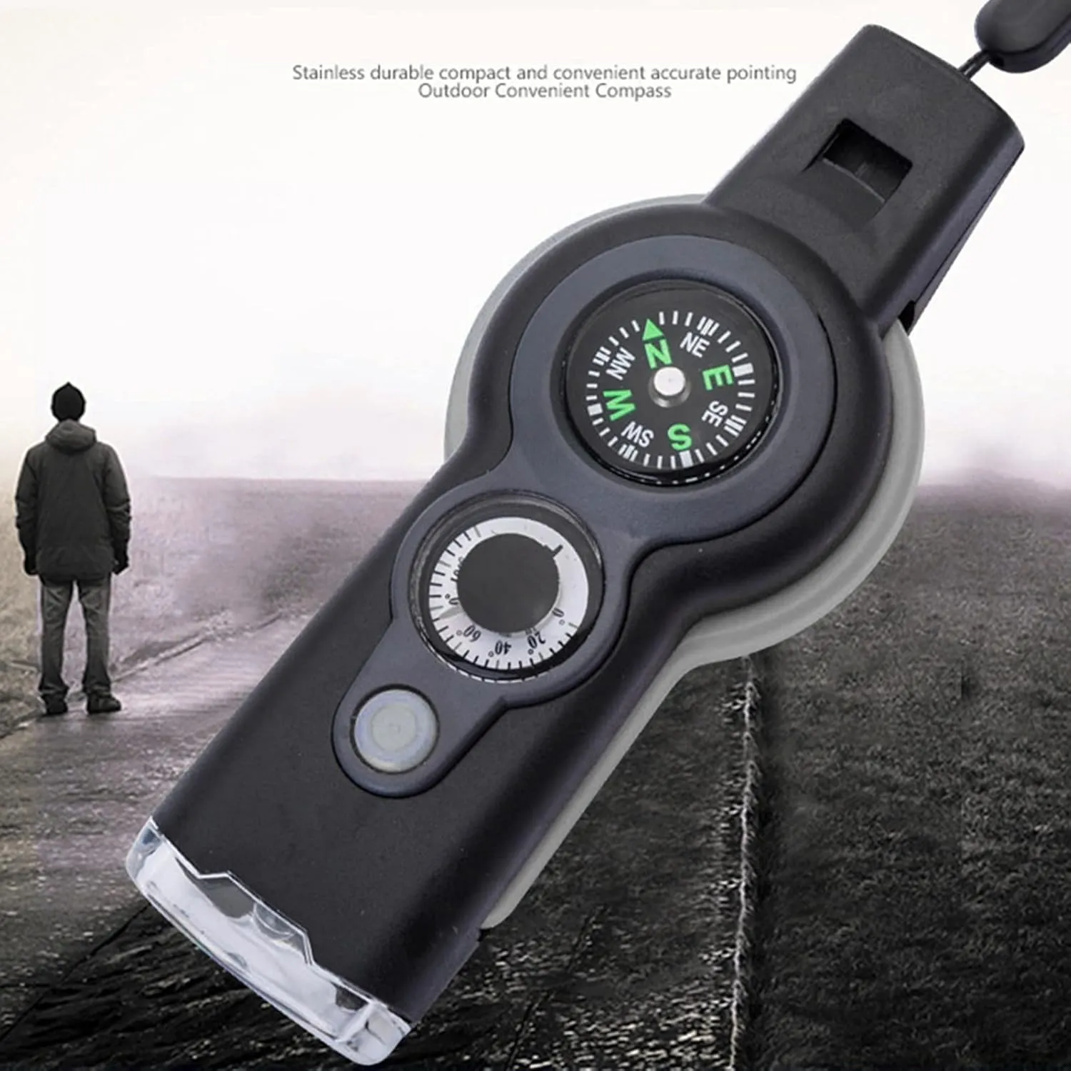 7 in 1 Emergency Survival Whistle Compass Magnifier Lens LED Signal Lights