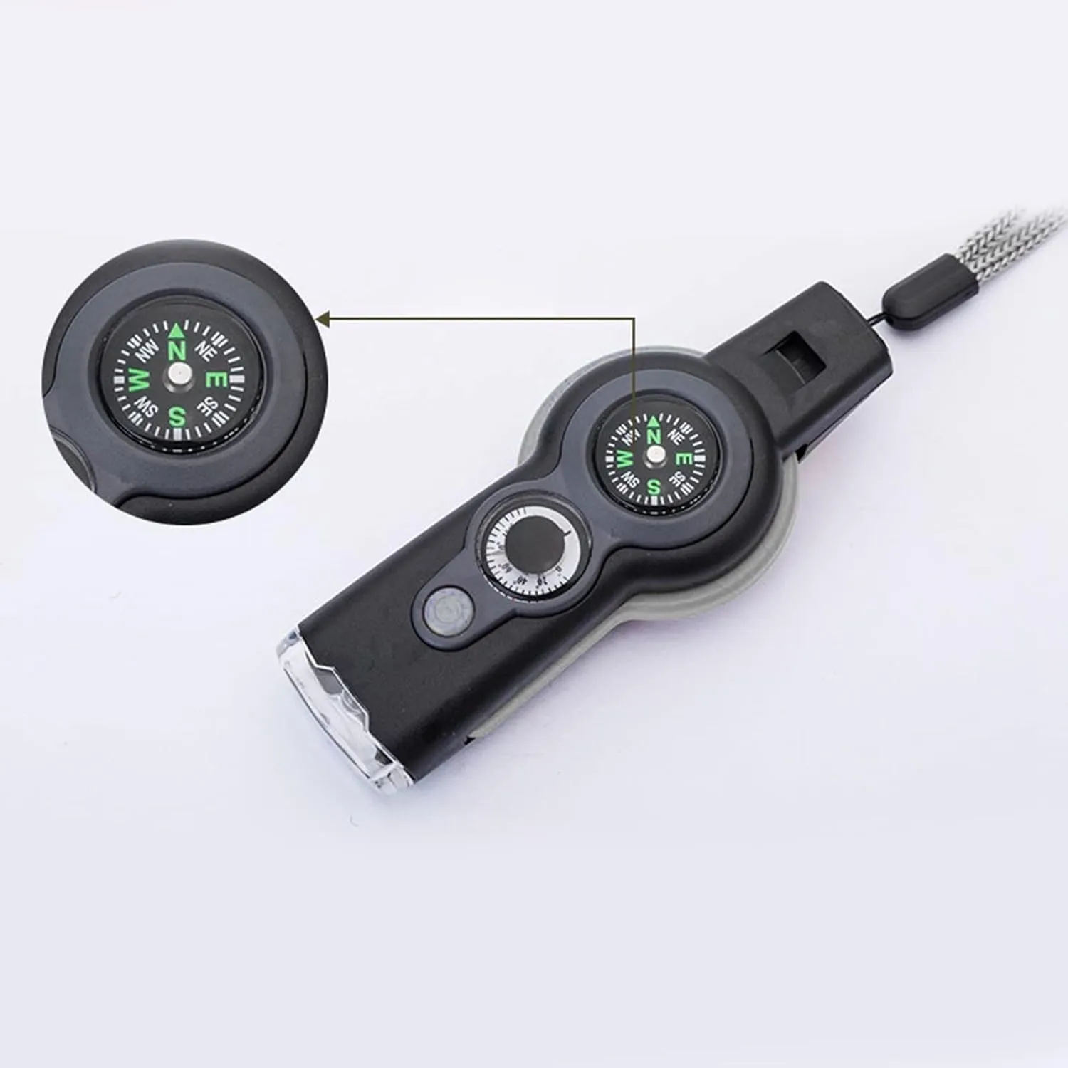 7 in 1 Emergency Survival Whistle Compass Magnifier Lens LED Signal Lights