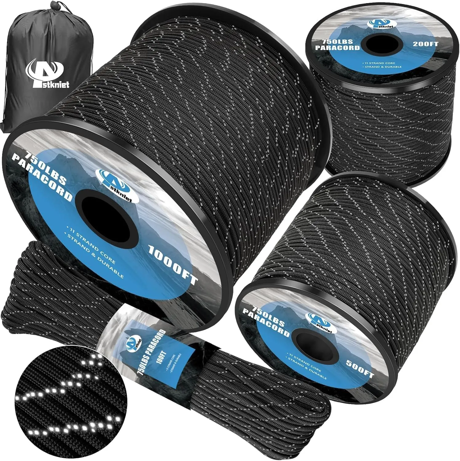 750Ib Reflective Paracord Rope,100' 200' 500' 1000', 4mm 11 Strand Parachute Spool Cord with Collecting Bag, para Cord Lanyard for Hammock, Camping