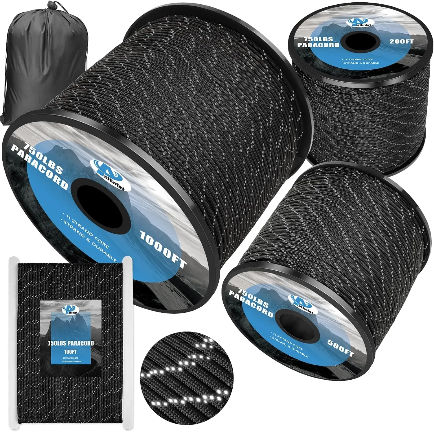 750Ib Reflective Paracord Rope,100' 200' 500' 1000', 4mm 11 Strand Parachute Spool Cord with Collecting Bag, para Cord Lanyard for Hammock, Camping