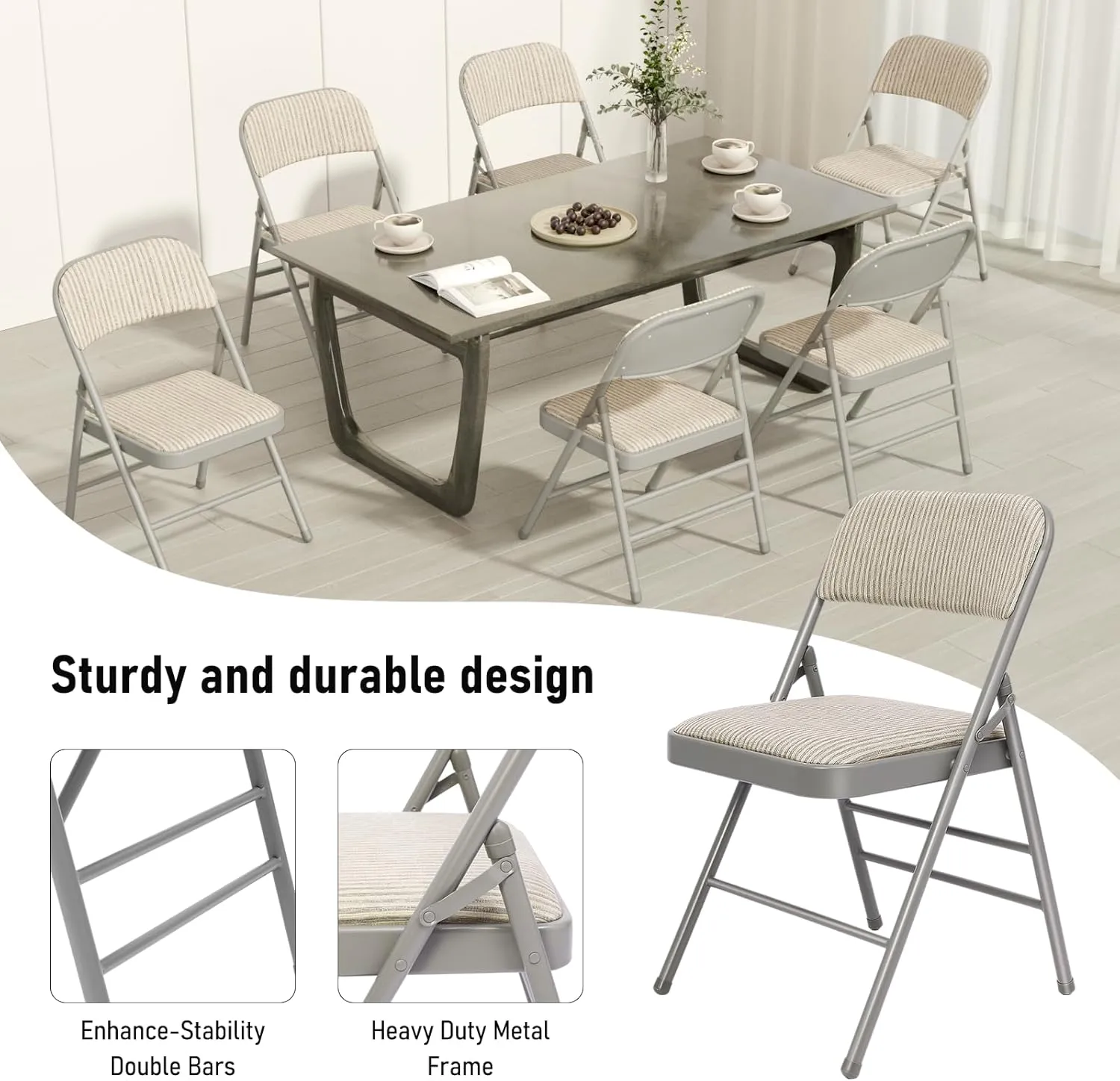 8 Pack Grey Folding Chairs with Fabric Padded Cushion, Fabric Dining Chair Set Portable Indoor Outdoor Stackable Folding Chair for Home Office Events Wedding Party