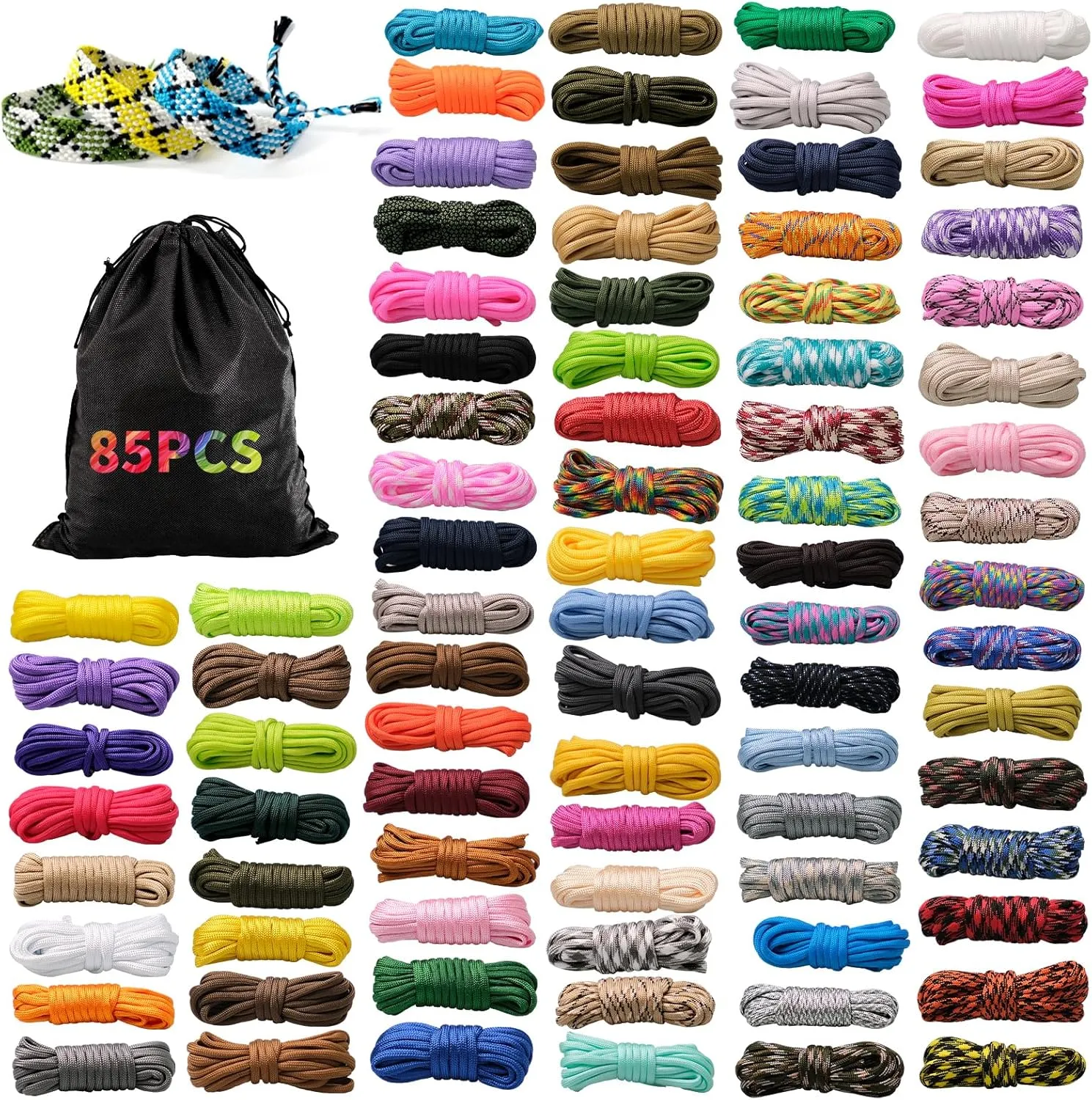 85 Pcs Paracord 550 Combo Kit 10 Feet Tent Rope Parachute Paracord Bracelet Making Kit Outdoor Survival Rope Multifunction Paracord with Drawstring Bag for Making Lanyard Dog Collar Great Gift