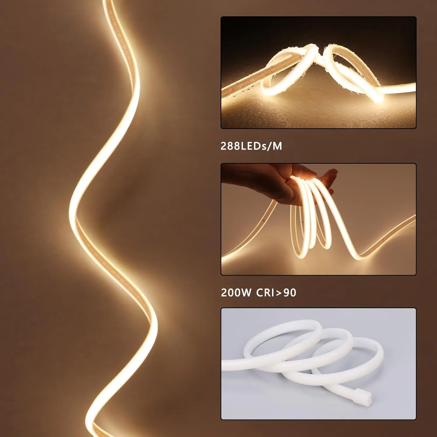AC 110V COB LED Strip Light Outdoor Waterproof 65.6ft, 3000K Warm White Super Bright 200W CRI 90  LED Rope Lights, IP65 Flexible Cuttable, for Bedroom Garden Commercial House