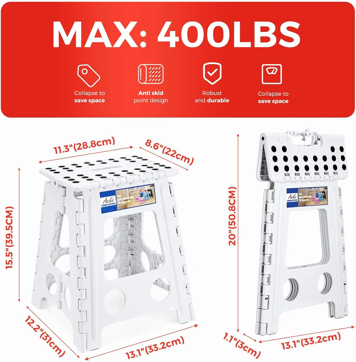 ACKO Folding Step Stool Foldable 16 Inch 400 lbs Capacity, Plastic Stools for Adults and Kids, Collapsible Stools for Kitchen, Office, Stepping Stool with Handle (White)