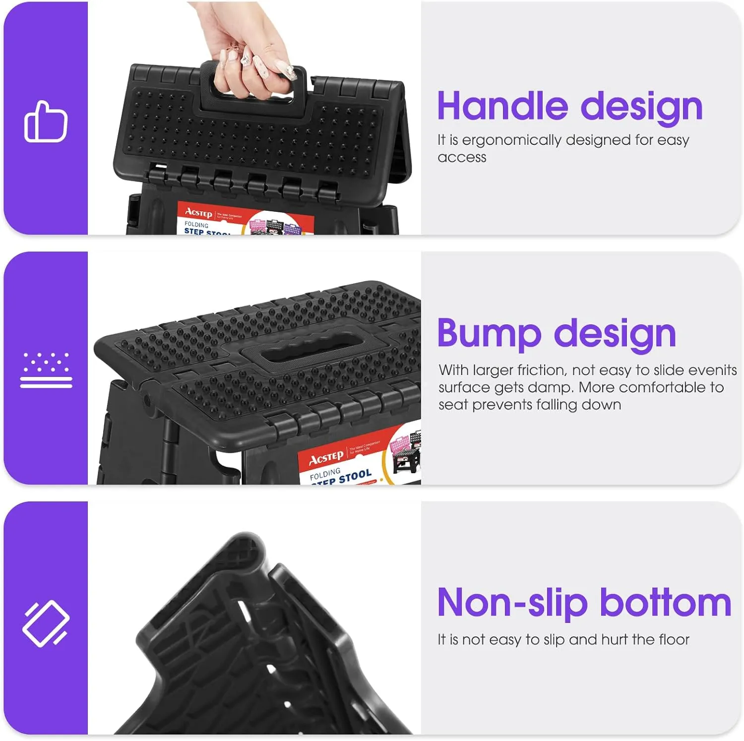 ACSTEP 16 Inch Folding Step Stool for Adults and Kids, Non-Slip Plastic Foldable Stepping Stool, Collapsible Folding Stool with Handle Holds Up to 400lbs for Kitchen, Dot Black (1 Pack)