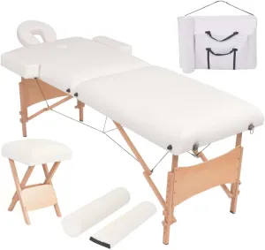 Adjustable Massage Table and Stool Set with Bolsters, Comfortable Faux Leather Upholstery, Easy Storage, White