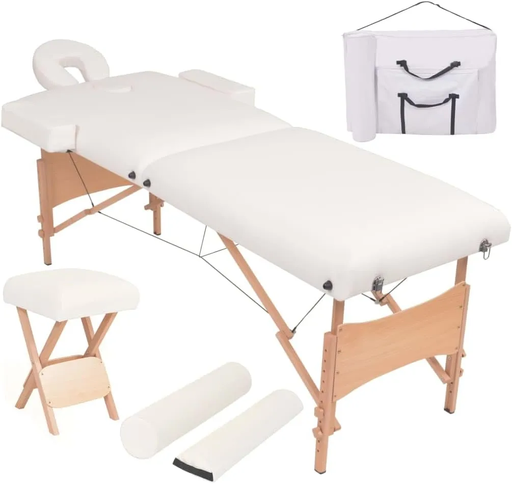 Adjustable Massage Table and Stool Set with Bolsters, Comfortable Faux Leather Upholstery, Easy Storage, White
