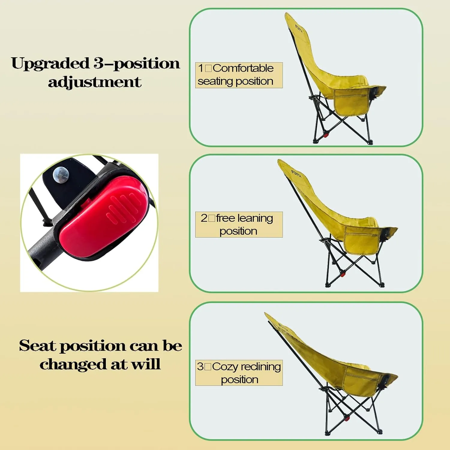 Adjustable Portable Folding Camping Chair with High Back, Side Pockets, Headrest, Lightweight Lawn Chair for Outdoor Camping, Beach, Leisure and Adults (Khaki Single Cloth Thin)