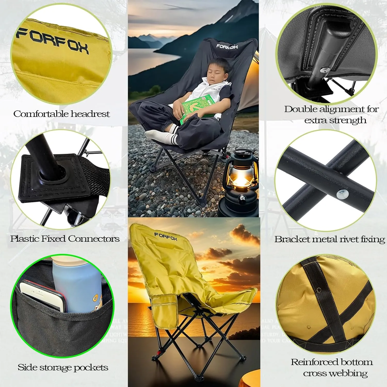 Adjustable Portable Folding Camping Chair with High Back, Side Pockets, Headrest, Lightweight Lawn Chair for Outdoor Camping, Beach, Leisure and Adults (Khaki Single Cloth Thin)