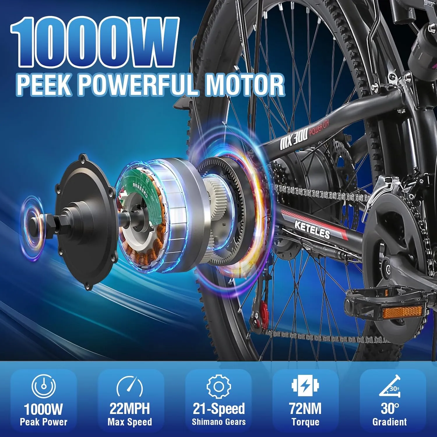 Adult Folding Electric Bicycle 1000W Power 48V20Ah Removable Li-ion Battery 26 Inch All Terrain Tires