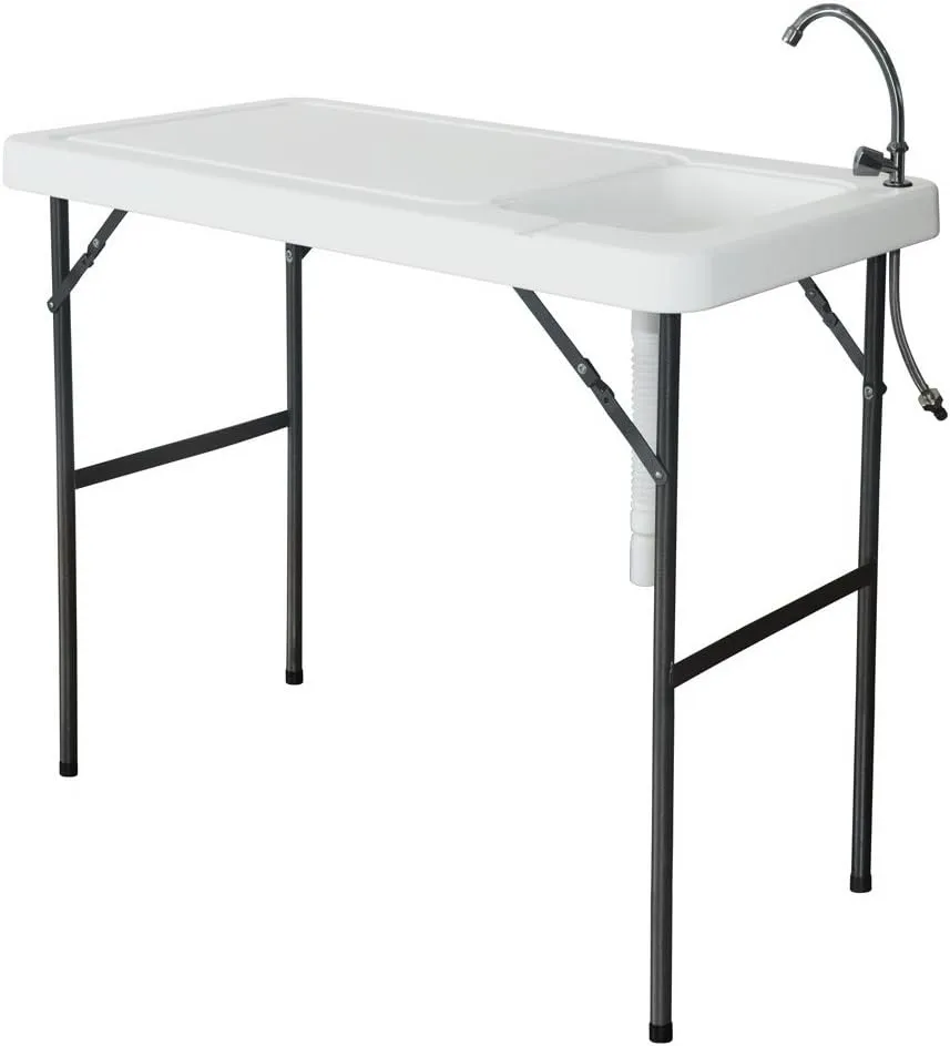 AIKVSXER Camping Tables Outdoor Folding Fish and Game Cleaning Table w/Sink Portable and Durable, Standard Garden Connection, Upgraded Drainage Hose, Stainless Steel Faucet