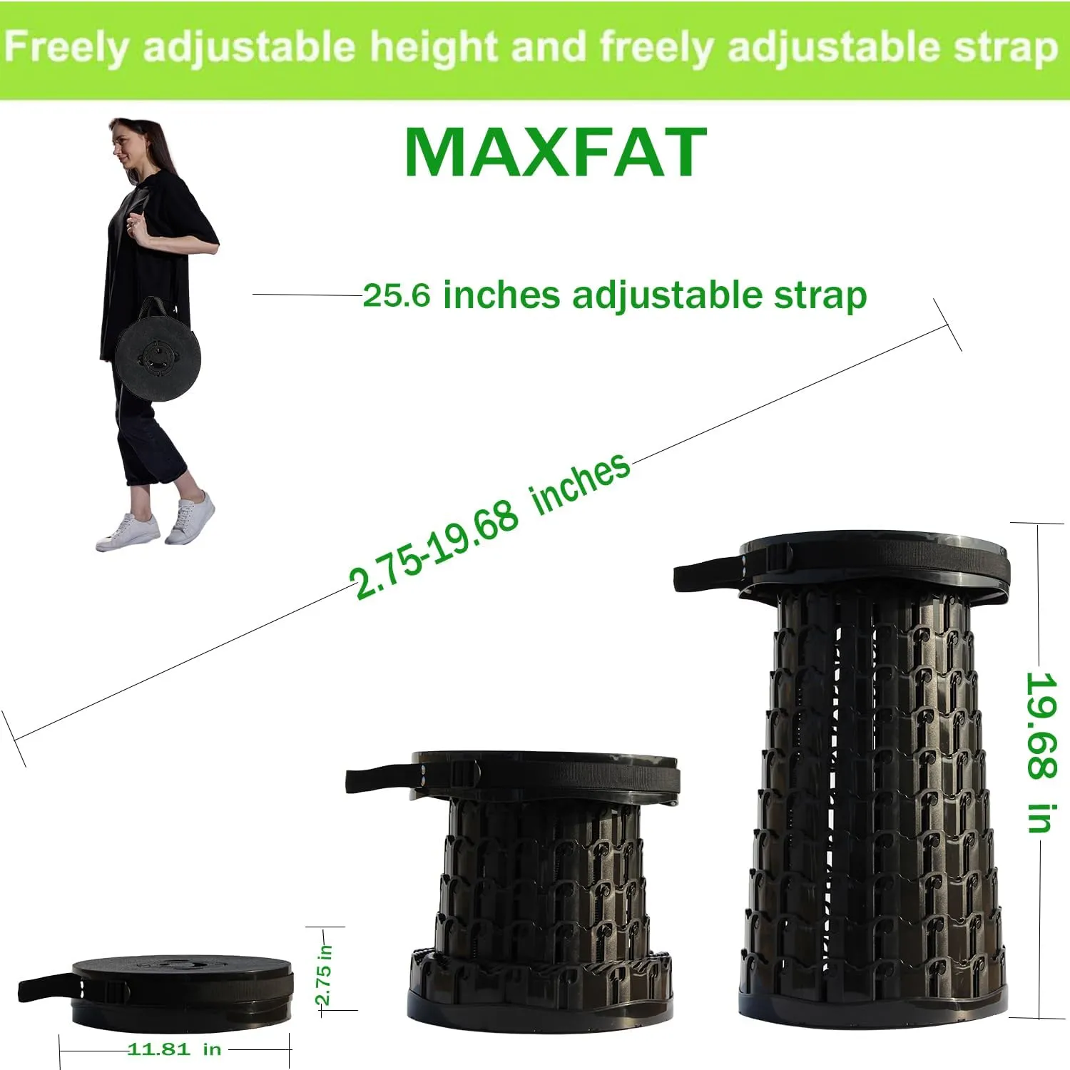 ALEVMOOM 19.7" Collapsible Stool Telescoping Stool with Cushion, Retractable Folding Stool for Adults Outdoor Camping Fishing, Width 11.8" Max Load 1000 lbs
