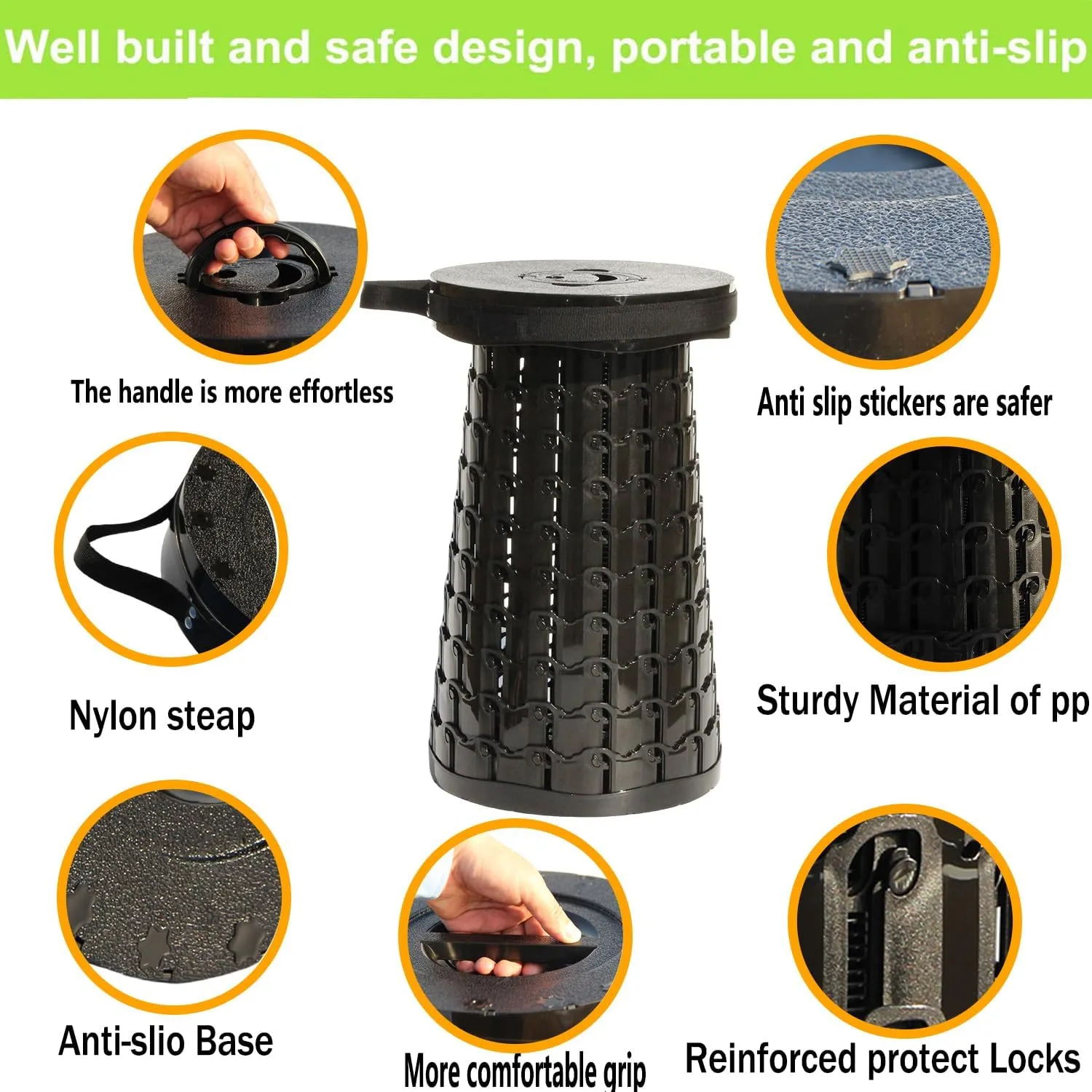 ALEVMOOM 19.7" Collapsible Stool Telescoping Stool with Cushion, Retractable Folding Stool for Adults Outdoor Camping Fishing, Width 11.8" Max Load 1000 lbs