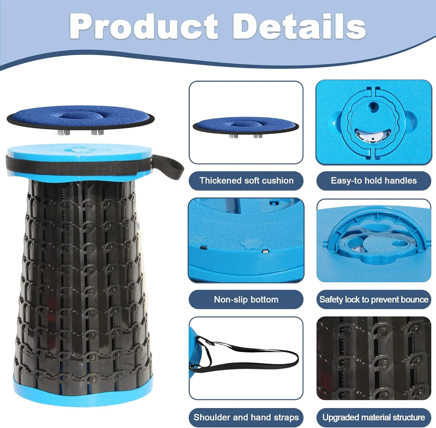 ALEVMOOM 2025 Upgraded XXL 19.7" Collapsible Stool with Seat Cushion, Retractable Folding Camping Stool for Adults Max Load 1000lbs, Heavy Duty for Fishing Hiking Gardening(Blue-XXL)