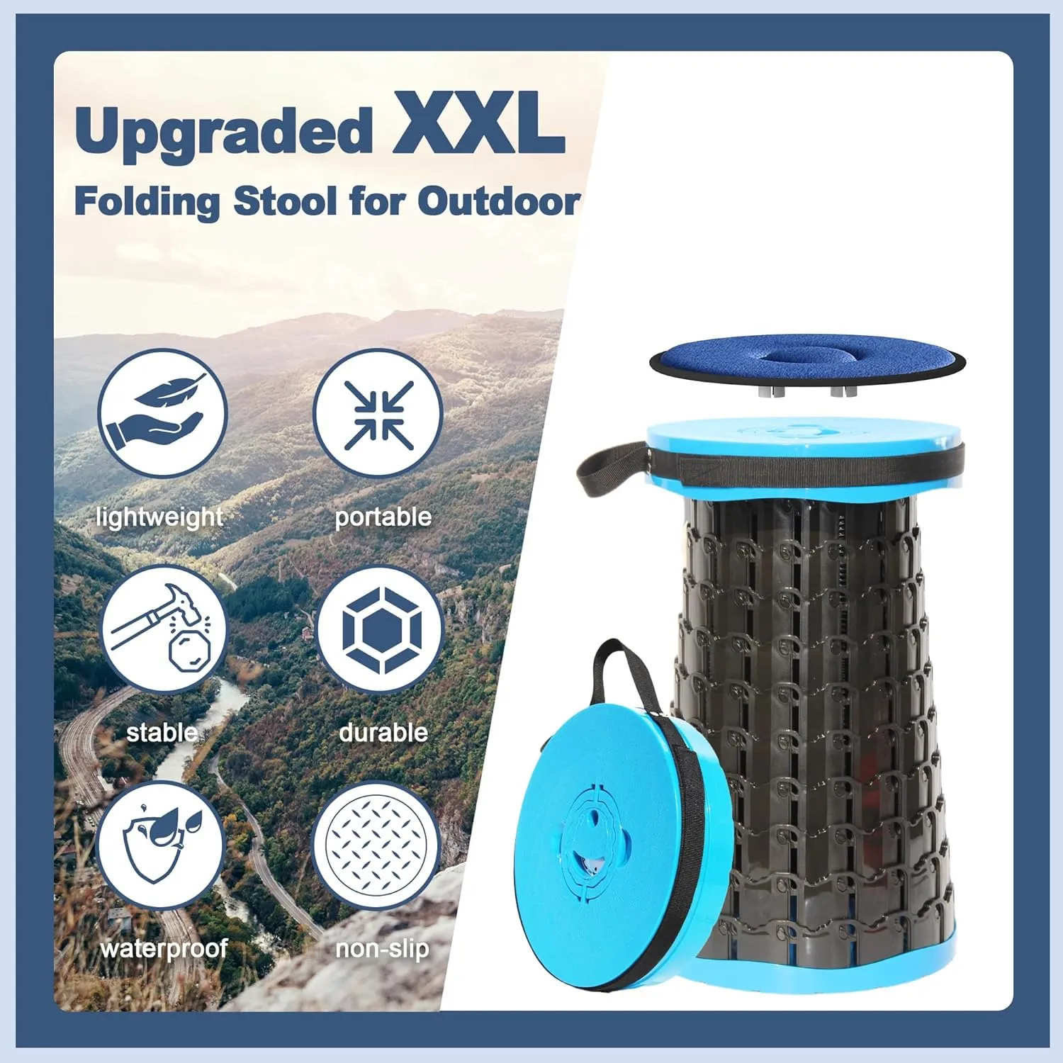 ALEVMOOM 2025 Upgraded XXL 19.7" Collapsible Stool with Seat Cushion, Retractable Folding Camping Stool for Adults Max Load 1000lbs, Heavy Duty for Fishing Hiking Gardening(Blue-XXL)
