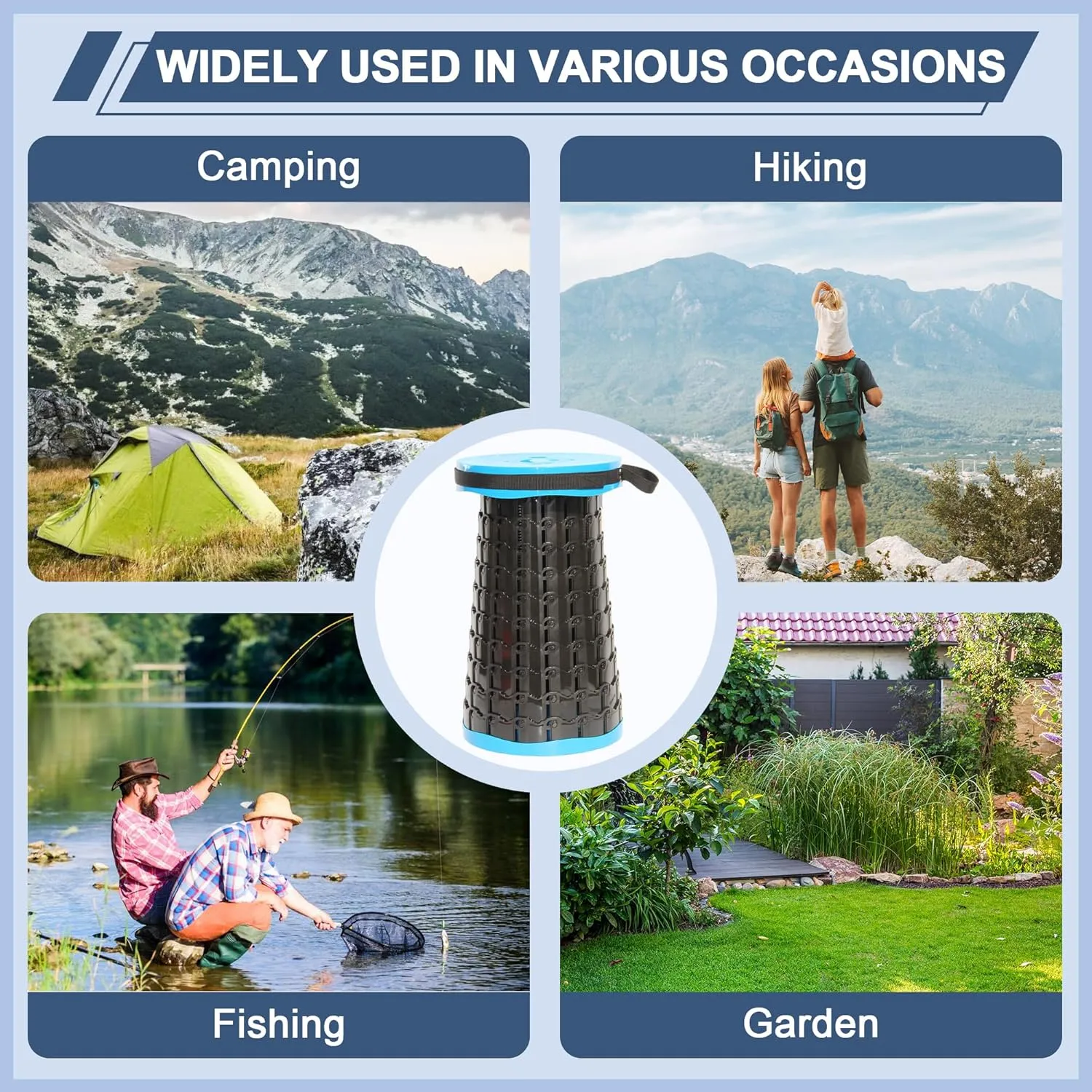 ALEVMOOM 2025 Upgraded XXL 19.7" Collapsible Stool with Seat Cushion, Retractable Folding Camping Stool for Adults Max Load 1000lbs, Heavy Duty for Fishing Hiking Gardening(Blue-XXL)