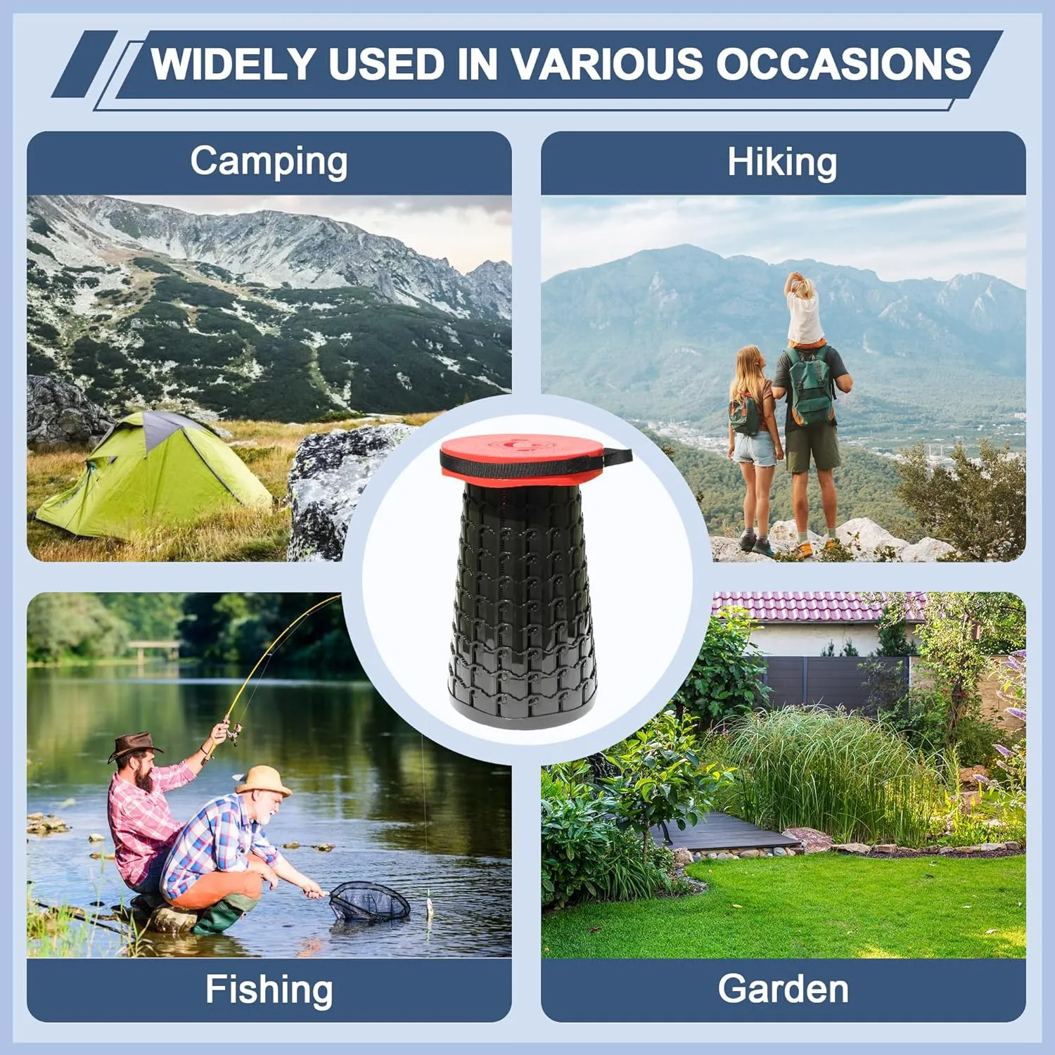 ALEVMOOM 2025 Upgraded XXL 19.7" Collapsible Stool with Seat Cushion, Retractable Folding Camping Stool for Adults Max Load 1000lbs, Heavy Duty for Fishing Hiking Gardening(Red-XXL)